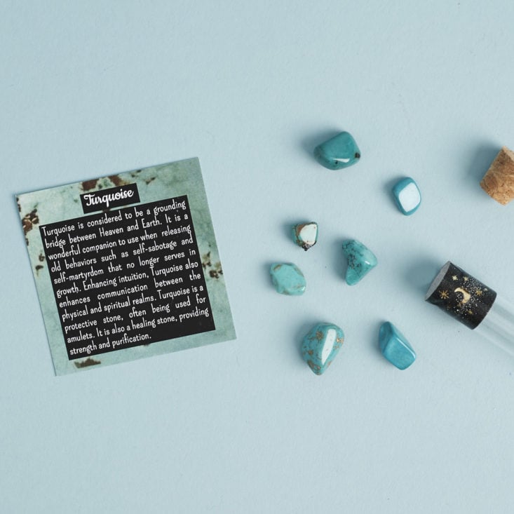 Turquoise gemstones and info card