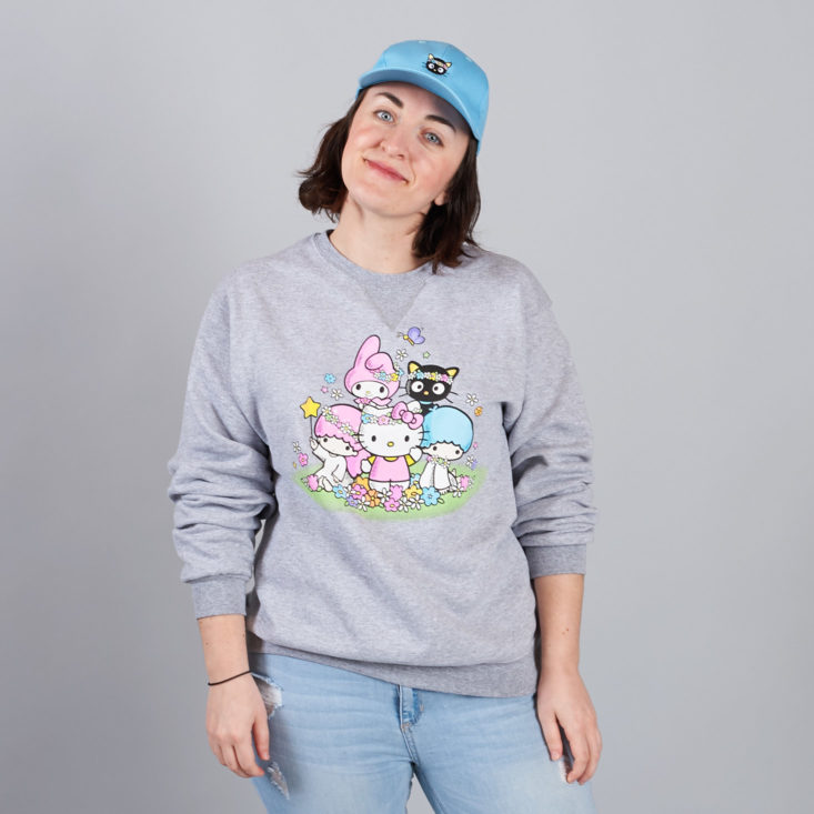 sanrio small gift crate spring box sweatshirt and hat on model