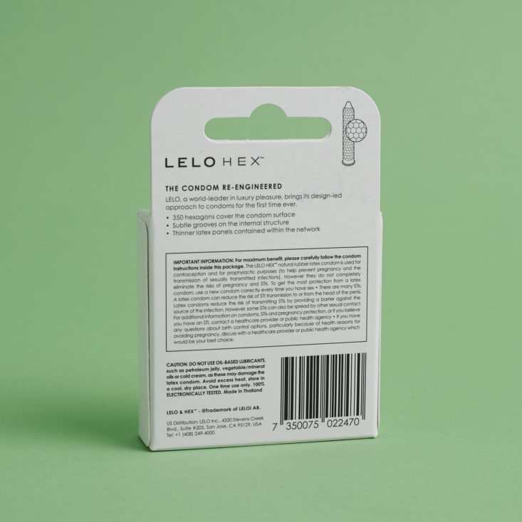 back of Lelo Hex Condom 3 pack