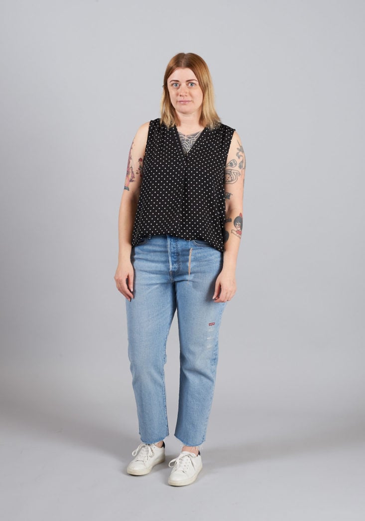 Vince Camuto Poetic Dots Sleeveless V-Neck Top with Levis Wedgie Jeans