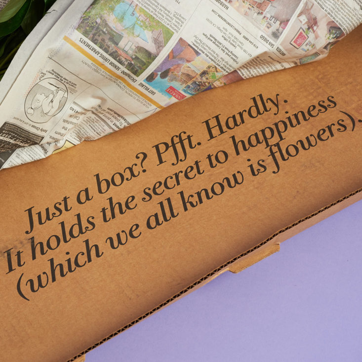 Text on inside of box - flowers are the secret to happiness