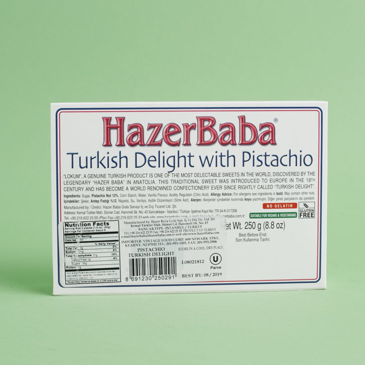 back of package for Hazer Baba Pistachio Turkish Delight