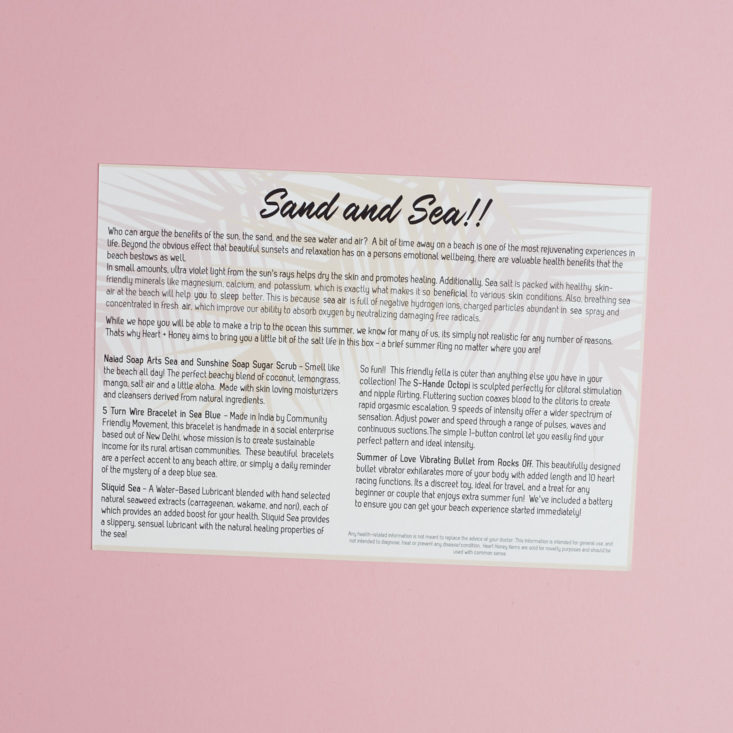 back of Heart and Honey Sand and Sea Info card