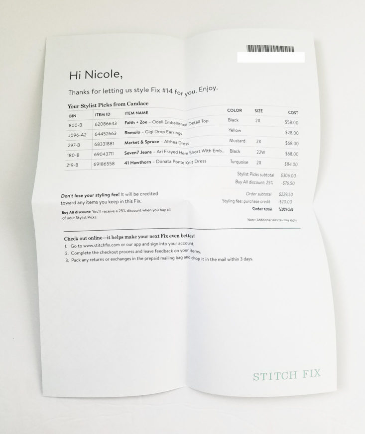 Stitch Fix Plus July 2018 Box 0005 receipt