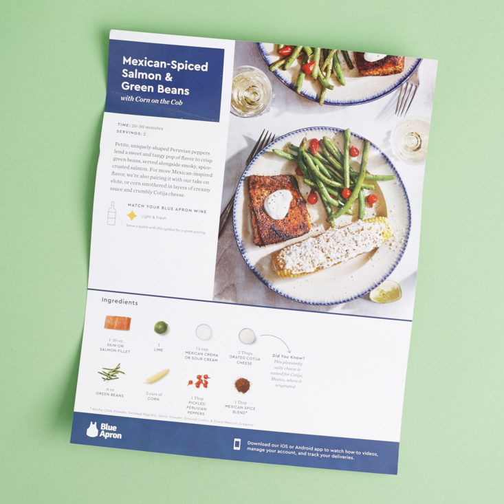 recipe card for Mexican-Spiced Salmon & Green Beans with Corn on the Cob
