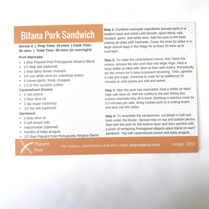 Piquant Post July 2018 - bifana pork sandwich recipe back