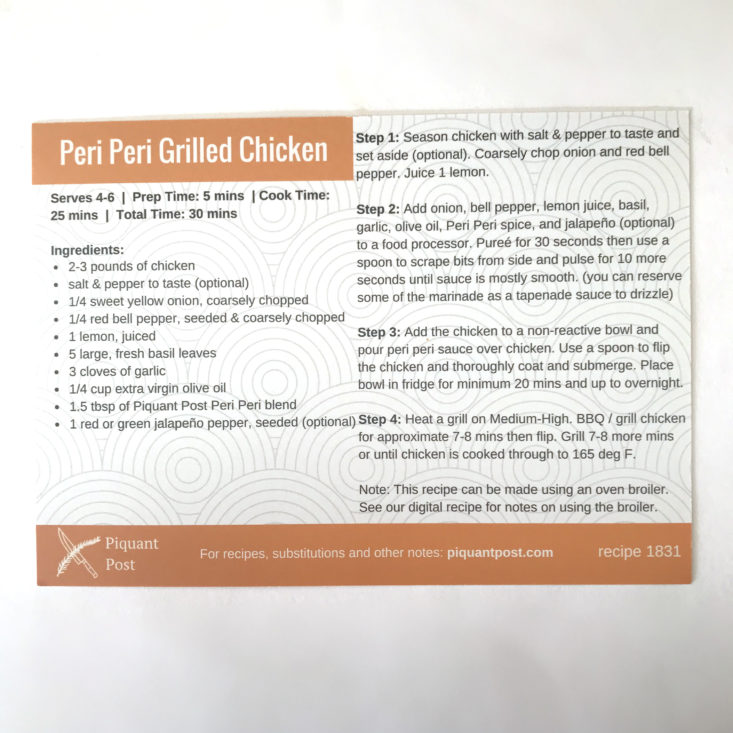 Piquant Post July 2018 - peri peri grilled chicken recipe back