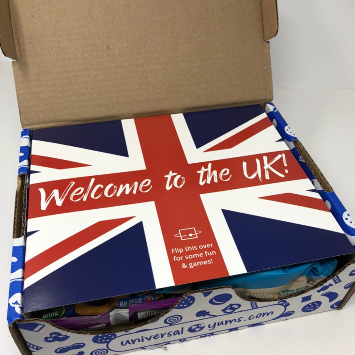 open Universal Yums box showing an info card of the British Flag
