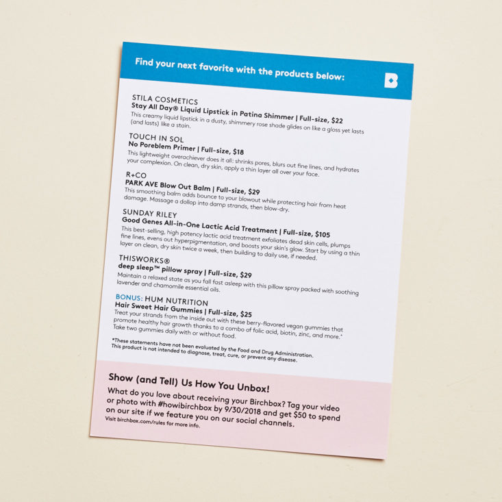 Birchbox Curated September 2018 - Brochure With Product Information Back