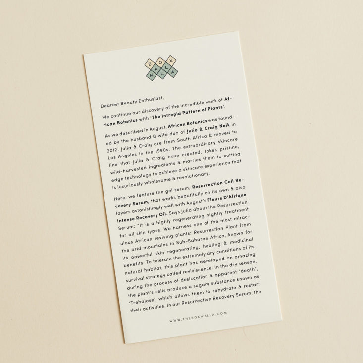 Boxwalla Beauty September 2018 - Information Card Front