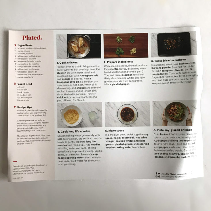 Plated September 2018 - soy glazed chicken recipe card back