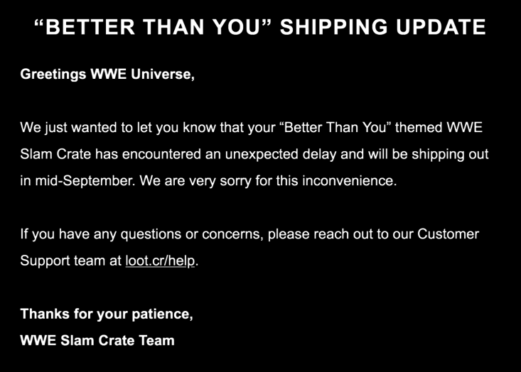 wwe slam crate august box is delayed until mid-september