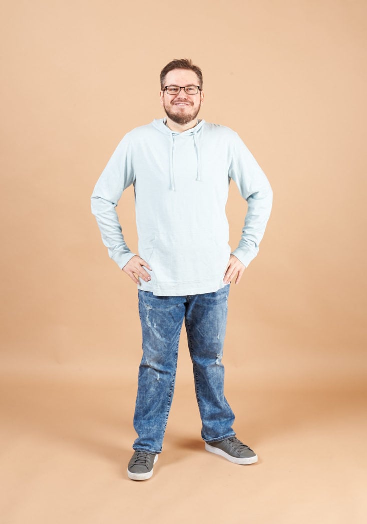 StitchFix Mens September 2018 - Even Tide Sky Blue Hoodie Model Wear Front