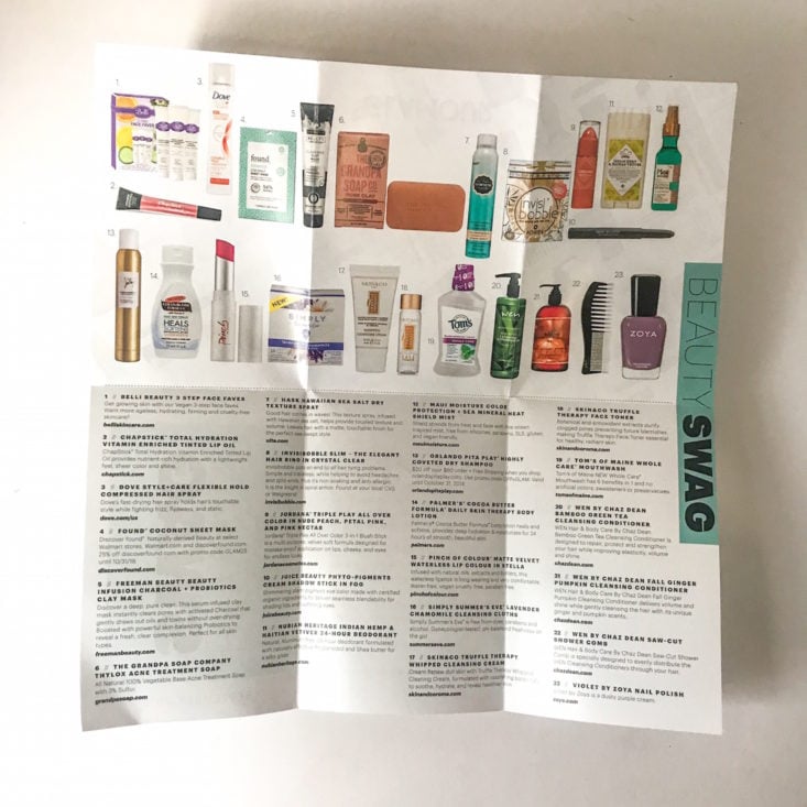 Beauty Swag September 2018 - Products Info Sheet Front