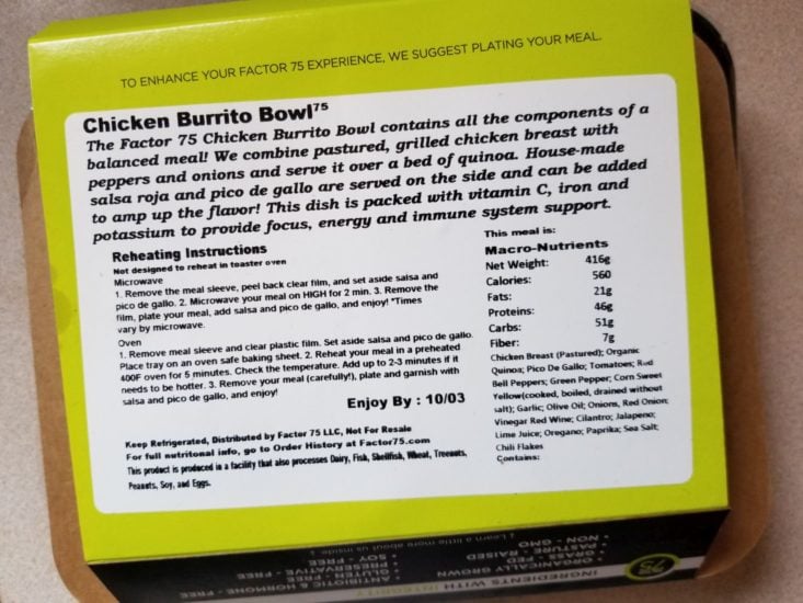Factor 75 chicken burrito bowl info