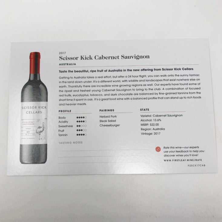First Leaf Wine October 2018 - Scissor Kick Cabernet Sauvignon Info Card Back