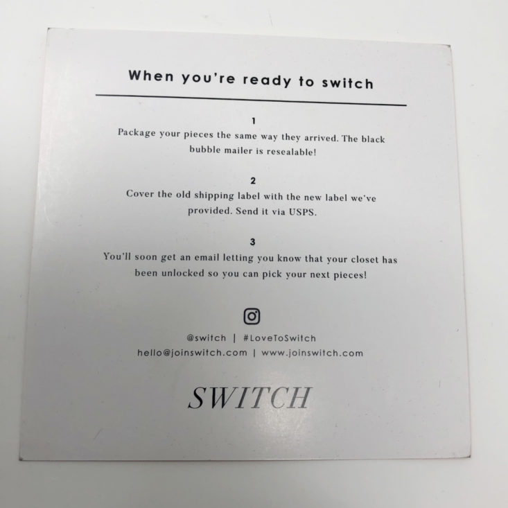 Switch Designer Jewelry Rental October 2018 - Instruction Card Back
