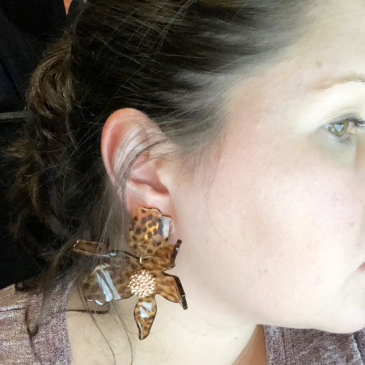 Switch Designer Jewelry Rental October 2018 -Lele Sadoughi Crystal Lily Earrings - Leopard Wearing Side