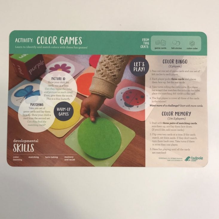 Tadpole Crate October 2018 - Color Games instruction card