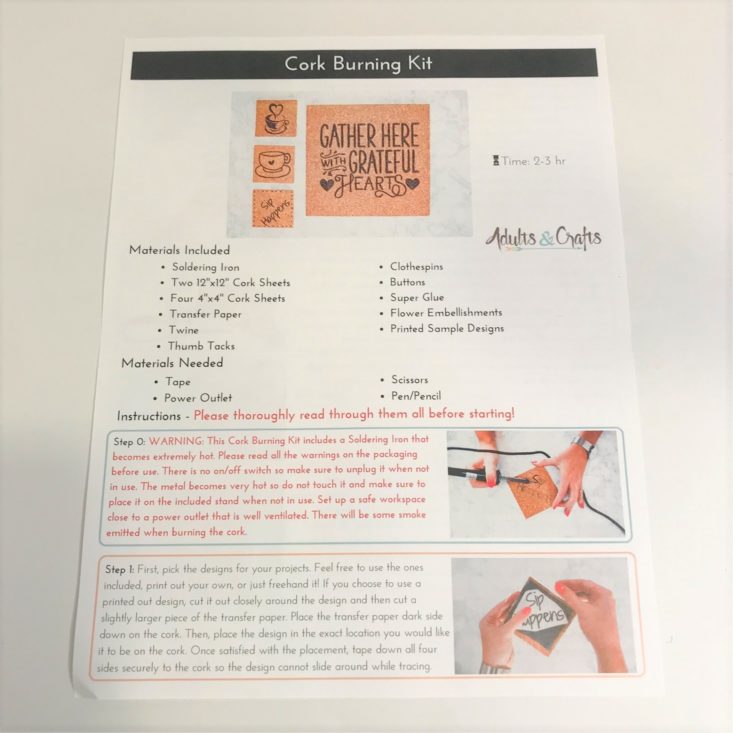 Adults & Crafts Cork Burning Kit October 2018 Review - Instructions Card Front