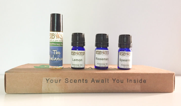 Aroma Box by Herb Stop Essential Oil Subscription Box Review October 2018 - All Products With Box Front