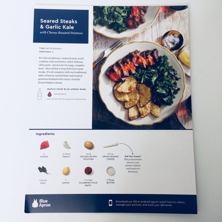 Blue Apron Subscription Box Review November 2018 - Seared Steak Receipe Front