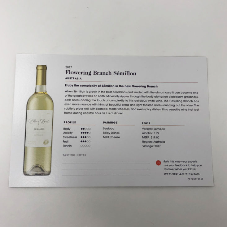 Firstleaf Wine November 2018 - Flowering Branch Sémillion Info Card Back