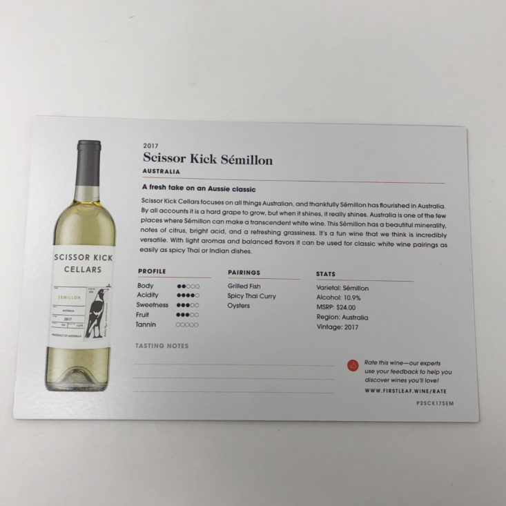 Firstleaf Wine November 2018 - Scissor Kick Sémillion Info Card Back