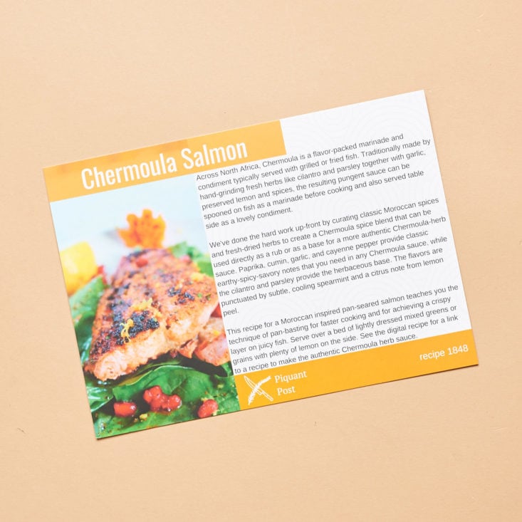 Piquant Post Review November 2018 - Salmon Chermoula Card Front