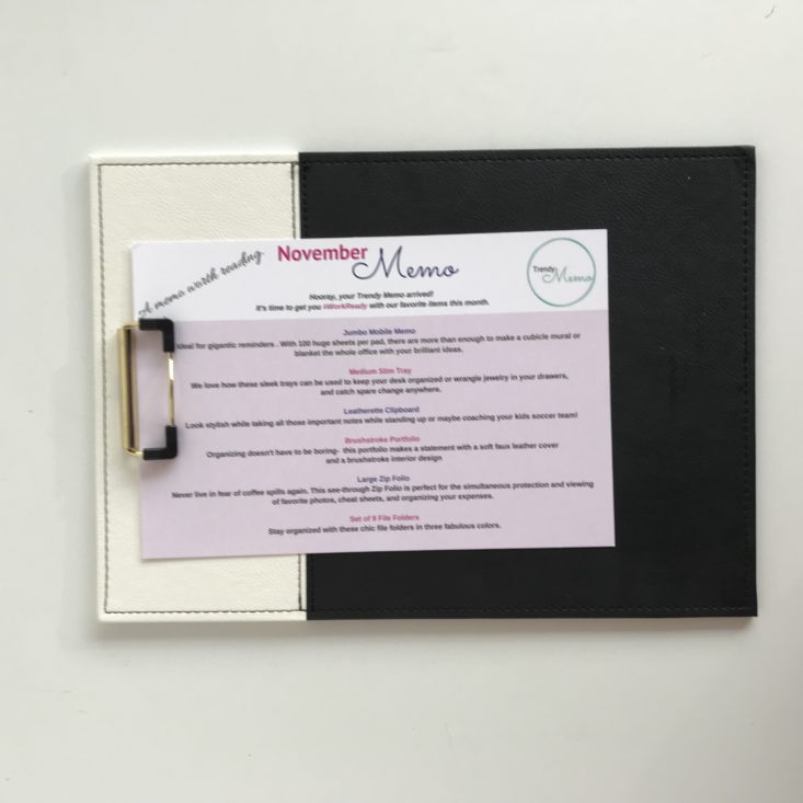 Trendy Memo November 2018 - Black & White Leatherette Clip Board with Card attached Top