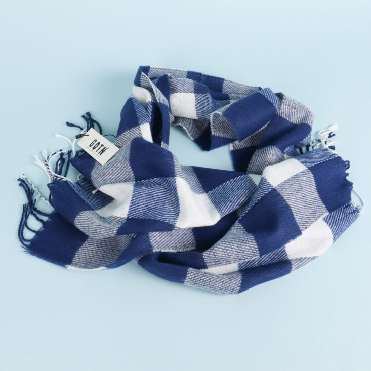 blue plaid scarf wrapped