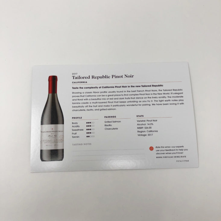 Firstleaf Wine December 2018 - 2017 Tailored Republic Pinot Noir (California) Open Back
