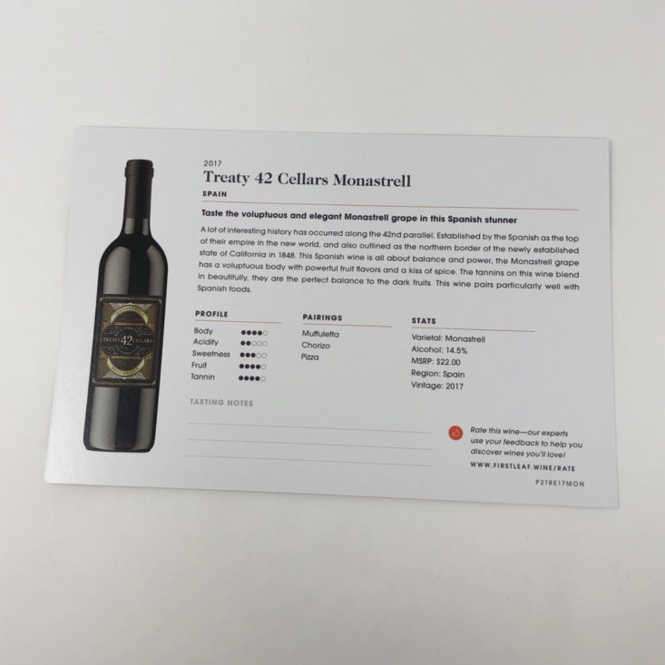Firstleaf Wine December 2018 - 2017 Treaty 42 Cellars Monastrell (Spain) Open Front