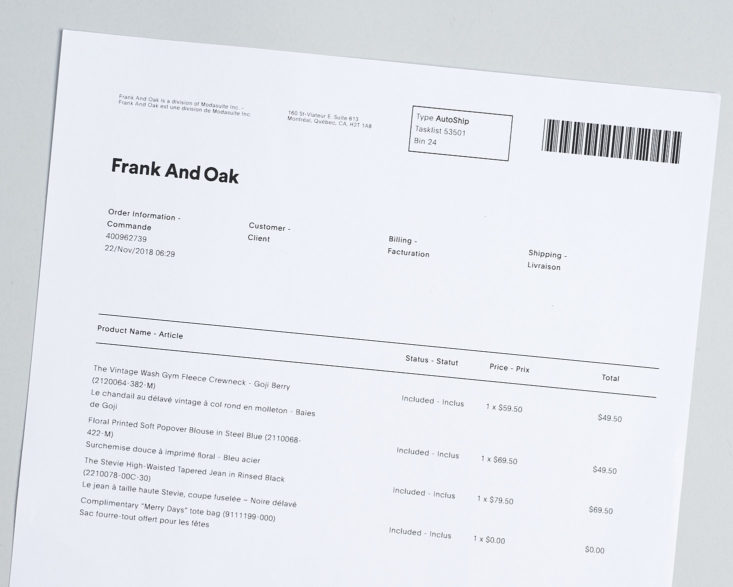 Frank and Oak invoice
