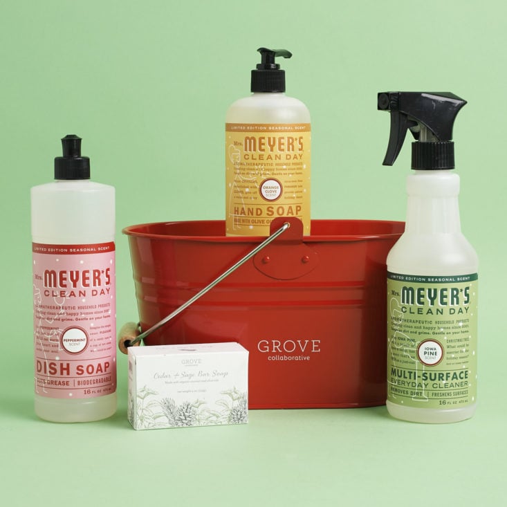 Grove Collaborative cleaning tub with Mrs. Meyer's Clean Day products shown.