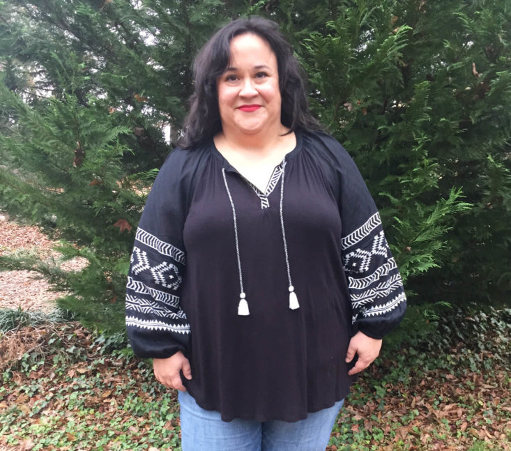 Gwynnie Bee Box December 2018 - LUCKY BRAND - Embroidered Black Crepe Peasant Top Front