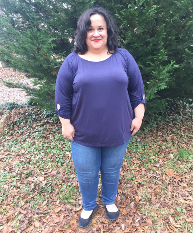 JustFab Subscription Box Review & BOGO Offer December 2018 - Long Sleeve Top With Twist Detail 1 Front