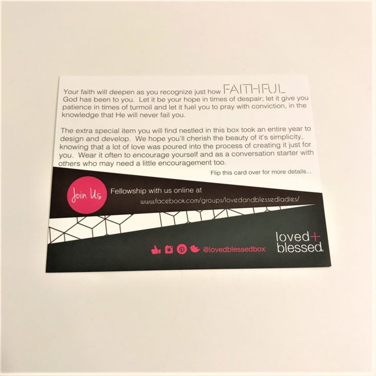 Loved + Blessed “Faithful” January 2019 - information card Front Top