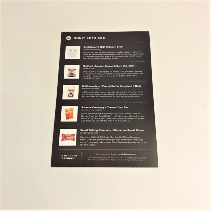 Onnit Keto Box December 2018 - information card Back Top
