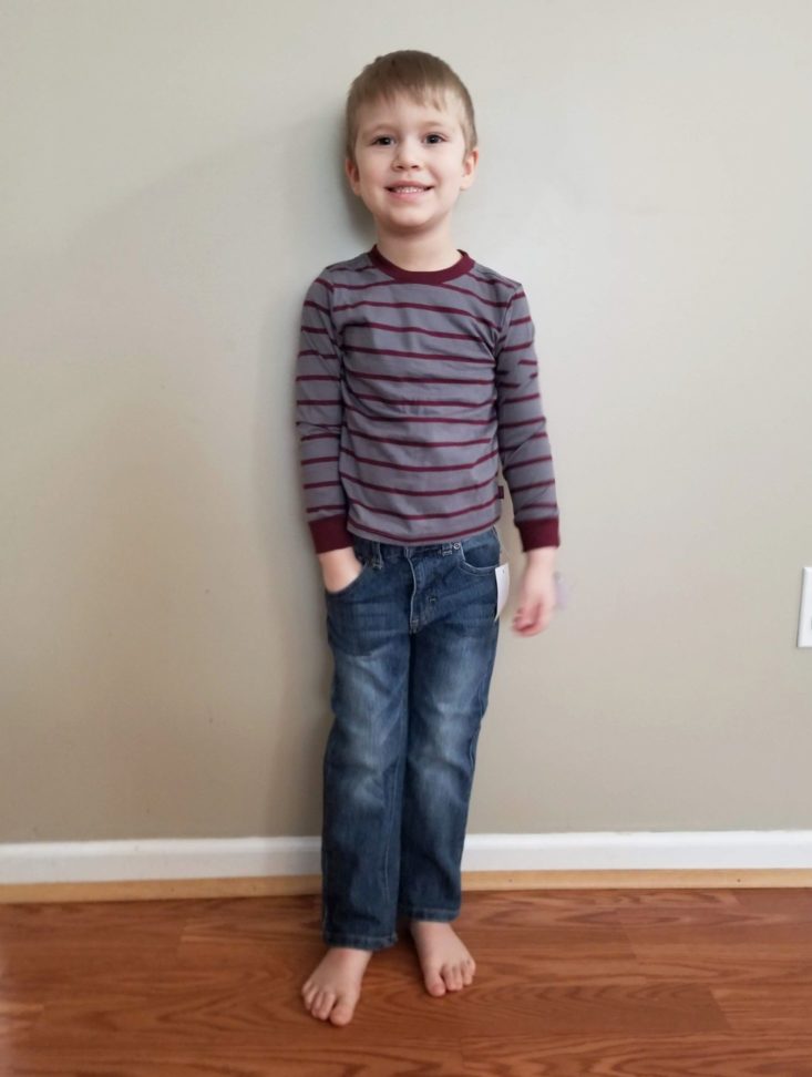 Kid Box 3T Boys January 2019 blue jeans and striped shirt modeled