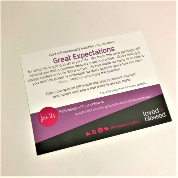 Loved + Blessed “Great Expectations” February 2019 - Info Card Front