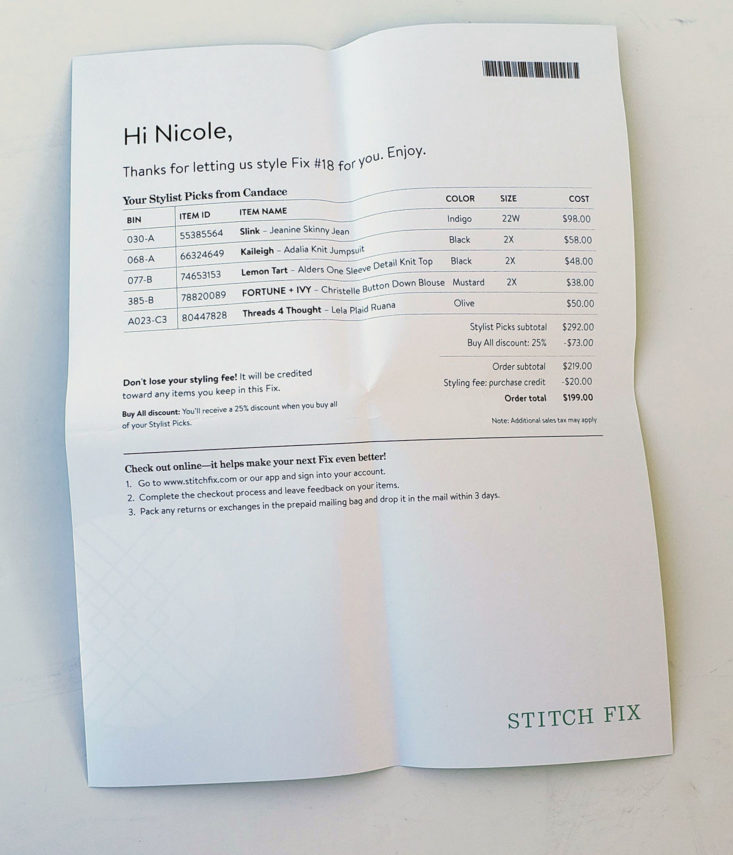 Stitch Fix Plus November 2018 - Invoice