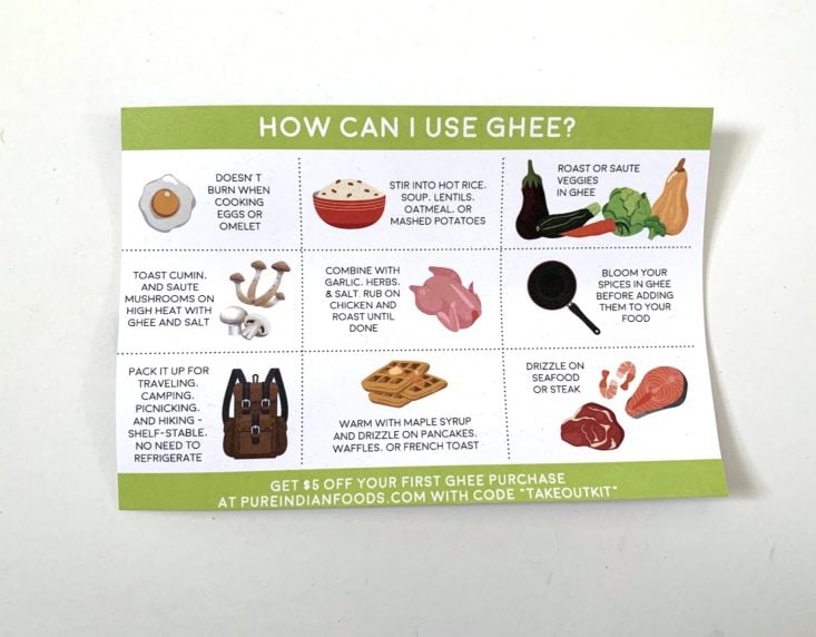 Takeout Kit Meal Subscription Box Review January 2019 - Information Sheet For Ghee Back Top
