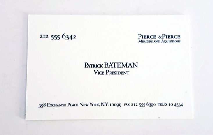 BAM! Horror Box December 2018 - Patrick Bateman Replica Business Card from American Psycho Top