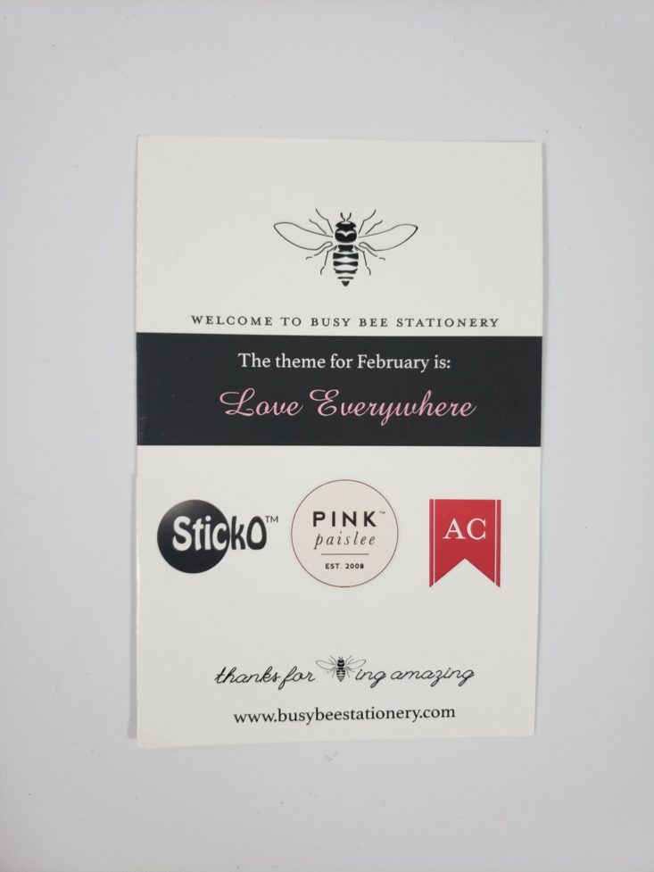 BUSY BEE STATIONERY Subscription Box February 2019 - Theme Front