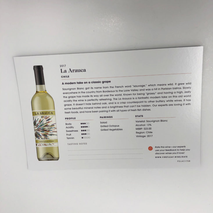 Firstleaf Wine February 2019 - 2017 La Arauca Sauvignon Blanc (Chile) 12