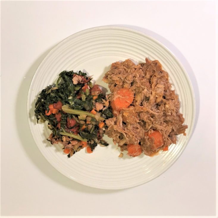 Freshly January 2019 - Slow-Cooked Pork with Sautéed Kale & Roasted Carrots Opened In Plate Top