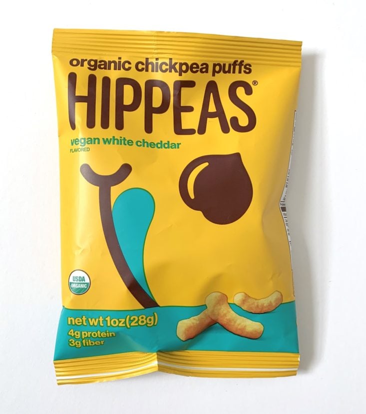 SnackSack Gluten Free Box Review February 2019 - Hippeas Vegan White Cheddar Puffs Package Top