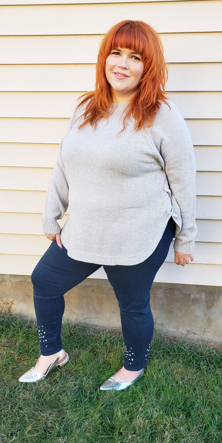Stitch Fix Plus Size Clothing Box Review December 2018 - Dawlynn Lace Up Side Pullover by RD Style Size 2x Onn Pose 2 Front