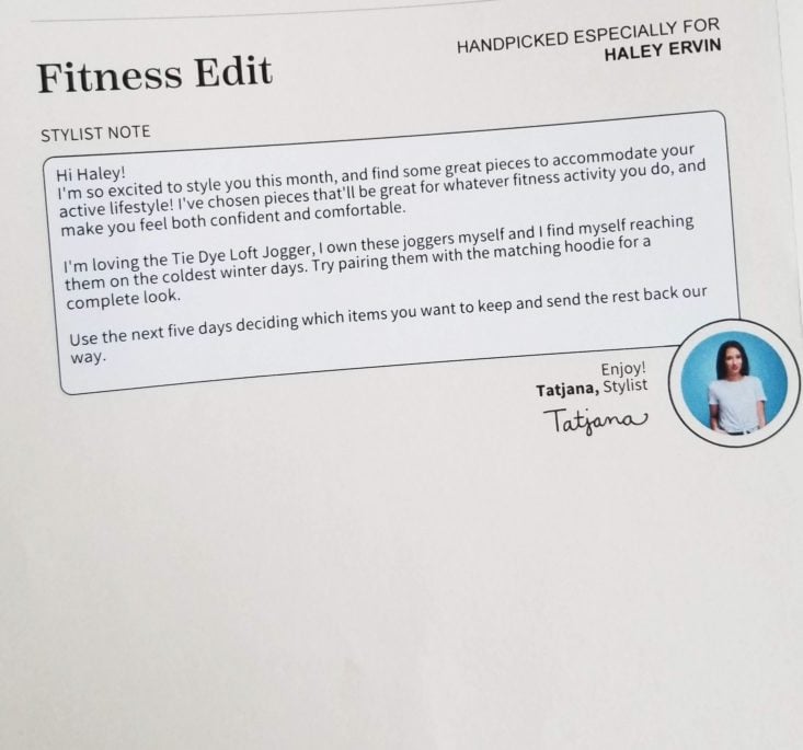 Wantable Fitness Edit February 2019 stylist note